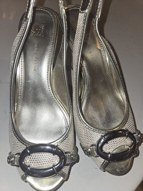 Anne Klein Silver Metallic Slingback Peep-Toe Mules